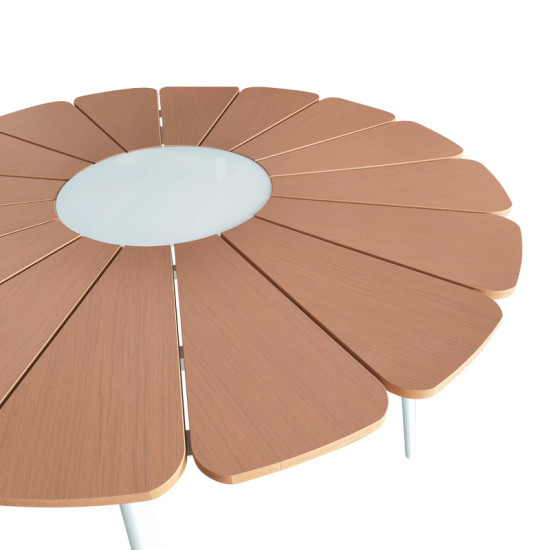 Τραπεζαρία Pinap-Dashiell σετ 5τεμ λευκό αλουμίνιο και plywood σε φυσική απόχρωση Φ110x74εκ **
