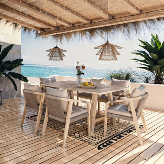 Τραπεζαρία Malibu 7τμχ μασίφ ξύλο ακακίας-ύφασμα μπεζ **