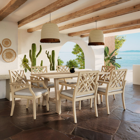 Τραπεζαρία Malibu-Bolen 7τμχ μασίφ ξύλο ακακίας-μπεζ ύφασμα **
