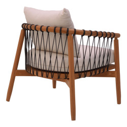 Πολυθρόνα Haribo φυσικό teak ξύλο-μαύρο σχοινί-λευκο μαξιλάρι 80x76x72εκ **