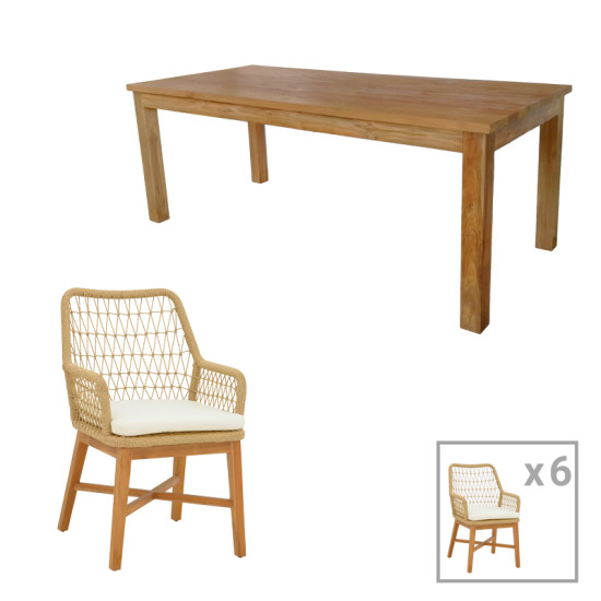 Τραπεζαρία 7τεμ Elaiza-Wooly teak ξύλο σε φυσική-μπεζ απόχρωση 220x90x75εκ **