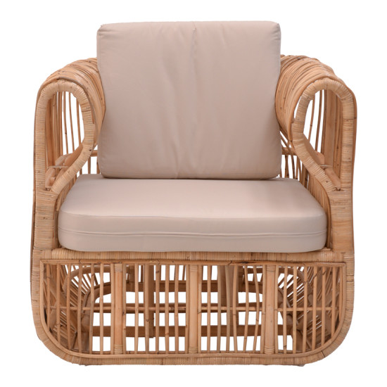 Πολυθρόνα Fajole rattan σε φυσική απόχρωση με μπεζ μαξιλάρι 86x86x66εκ **