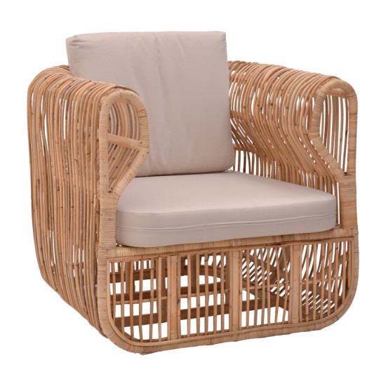 Πολυθρόνα Fajole rattan σε φυσική απόχρωση με μπεζ μαξιλάρι 86x86x66εκ **