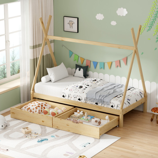 Παιδικό κρεβάτι Lalitto τ.Montessori με 2 συρτάρια τ.Montessori  ξύλο πεύκου σε φυσική απόχρωση 90x190εκ **