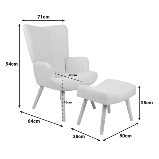 Πολυθρόνα-μπερζέρα με υποπόδιο Gerlina κρεμ ύφασμα με πόδι σε φυσική απόχρωση 71x64x94εκ **